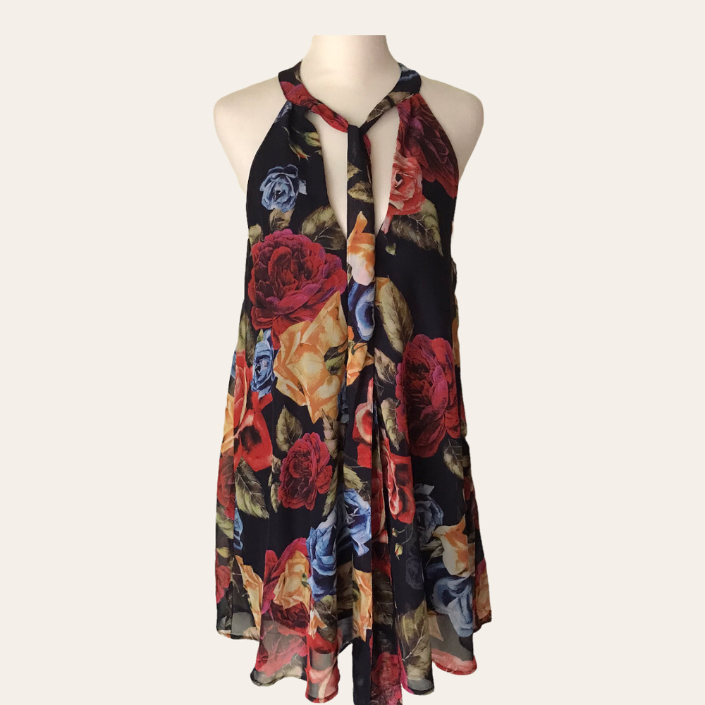 Show Me Your MuMu Black Floral Halter Mini Dress with Red, Yellow & Blue Roses